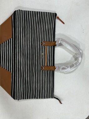 NEW Stella & Dot Black and White Striped Travel Tote with Tan Trim